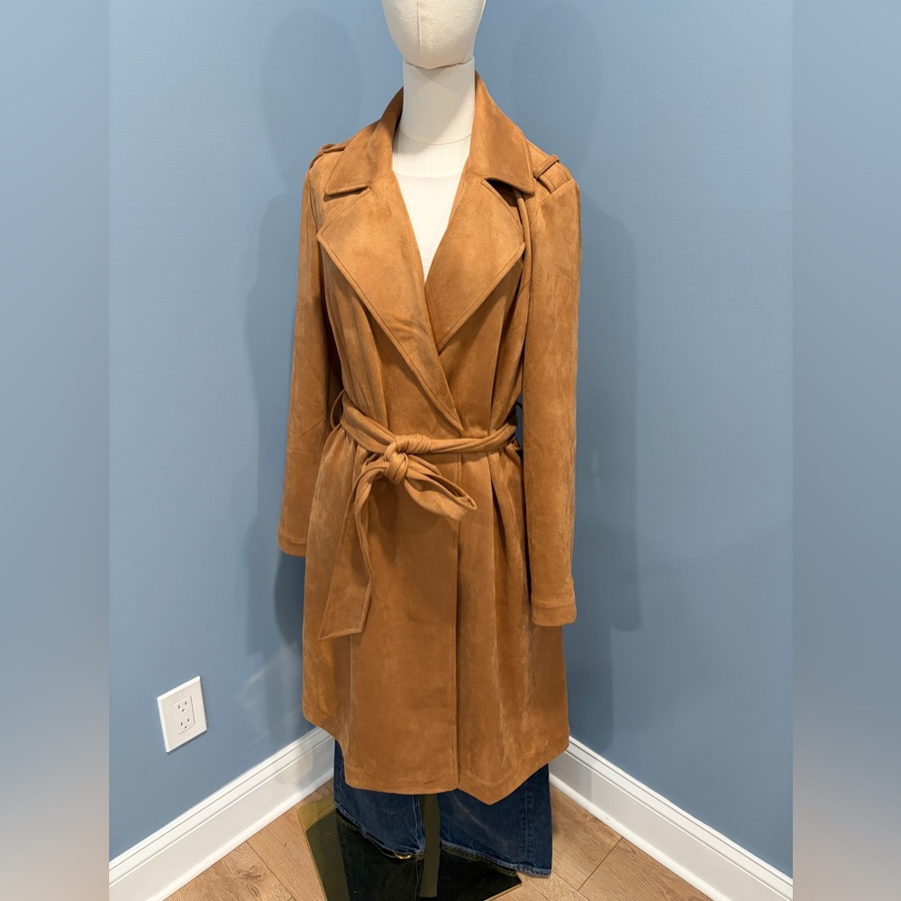 Lauren Conrad Camel Faux Suede Wrap Coat Belted Minimalist Quiet Luxury Trench L